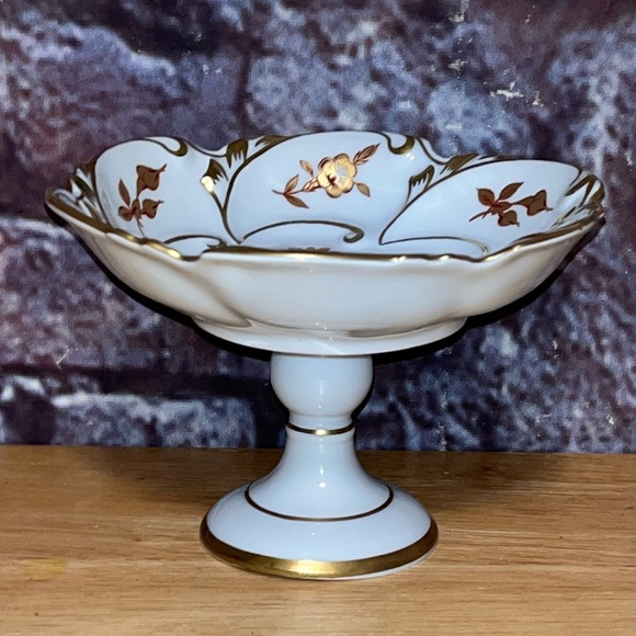 Vintage PM Germany Porcelain Pedestal Centerpiece Bowl Gold Gilt Red Floral Dish - Picture 2 of 8